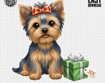 Yorkie Puppy Clipart, Holiday Bow Gift (Digital Download PNG)