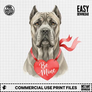 Op de afbeelding: Waterverfillustratie van een grijze hond met een rood lint en een hartvormige hanger met de tekst "Be Mine". De hond heeft bruine ogen en kijkt naar voren. Digitaal ontwerp.