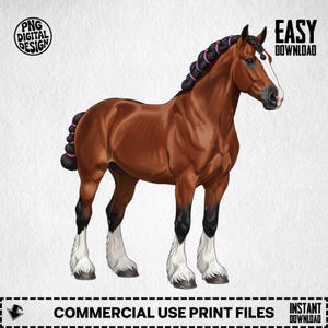 May include: A digital illustration of a chestnut horse with a braided mane and tail, with black and white markings on its legs. The horse has a white blaze on its face. The image includes the text "PNG DIGITAL DESIGN" and "EASY DOWNLOAD".