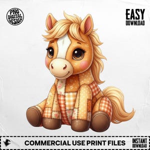 Könnte beinhalten: Ein niedliches, cartoonartiges Pferd mit Patchwork-Design. Das Pferd ist hauptsächlich hellbraun mit Akzenten in Orange, Weiß und Rosa. Der Text "PNG DIGITAL DESIGN", "EASY DOWNLOAD" und "COMMERCIAL USE PRINT FILES" ist enthalten.