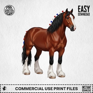May include: A digital illustration of a brown horse with a black mane and tail, and white markings on its legs and face. The horse's mane is decorated with red, white, and blue accents. The image includes the text "PNG DIGITAL DESIGN" and "EASY DOWNLOAD".