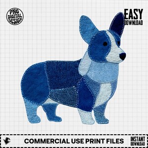 Puede incluir: Un diseño digital de un perro corgi hecho de parches de mezclilla en varios tonos de azul. La imagen incluye el texto "PNG DIGITAL DESIGN", "EASY DOWNLOAD", "COMMERCIAL USE PRINT FILES" e "INSTANT DOWNLOAD".