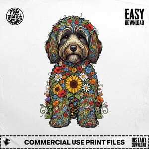 Può includere: Un'illustrazione colorata di un cane ricoperto di fiori. Il cane ha un mantello marrone e nero con un design floreale di fiori rossi, gialli e blu. L'immagine include il testo "PNG DIGITAL DESIGN", "EASY DOWNLOAD", "COMMERCIAL USE PRINT FILES" e "INSTANT DOWNLOAD".