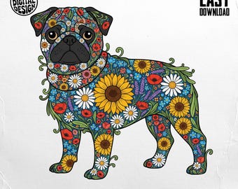 May include: A colorful illustration of a pug dog adorned with a floral pattern. The design incorporates sunflowers, daisies, poppies, and other flowers in shades of yellow, red, and white against a blue background. The image includes the text "PNG DIGITAL DESIGN" and "EASY DOWNLOAD".