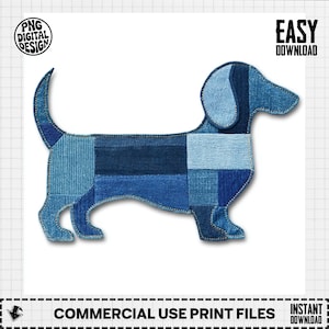 May include: A denim patchwork dachshund dog illustration. The dog is constructed from various shades of blue denim, creating a textured effect. The image includes the text "PNG DIGITAL DESIGN", "EASY DOWNLOAD", "COMMERCIAL USE PRINT FILES", and "INSTANT DOWNLOAD".