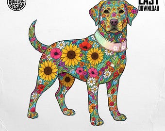 Floral Labrador Retriever PNG, Boho Dog Clipart (Digital Download)