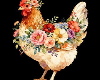Floral Watercolor Chicken PNG, Farm Animal Clipart (Digital Download)