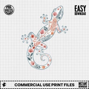 May include: A watercolour illustration of a gecko filled with floral designs in shades of pink, orange, and green. The gecko is outlined in a light blue colour. The image includes the text "PNG DIGITAL DESIGN" and "EASY DOWNLOAD".