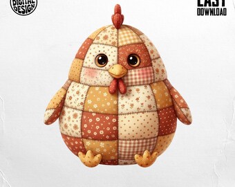 Quilted Chicken PNG, Patchwork Hen Clipart for T-Shirt Sublimation Design (Digital Download)