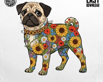 May include: A digital illustration of a pug dog with a floral design. The pug is tan with black ears and a black muzzle. The floral design includes sunflowers, daisies, poppies, and other flowers in yellow, red, blue, and purple.
