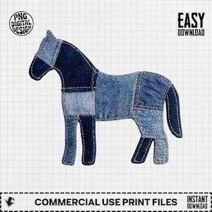 May include: A denim horse applique with a patchwork design. The horse is made from various shades of blue denim fabric, stitched together to create the shape. The image includes the text "PNG DIGITAL DESIGN" and "EASY DOWNLOAD".