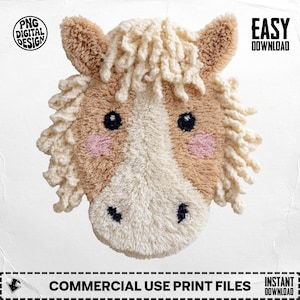 Puede incluir: Un diseño de cara de caballo hecho a mano y texturizado en color beige, crema y rosa. El caballo tiene ojos negros, mejillas rosas y una melena esponjosa. La imagen incluye el texto "PNG DIGITAL DESIGN", "EASY DOWNLOAD" y "COMMERCIAL USE PRINT FILES".