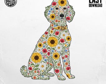 May include: A digital design of a poodle silhouette filled with colorful flowers, including sunflowers, daisies, and poppies. The design includes the text "PNG DIGITAL DESIGN" and "EASY DOWNLOAD". The bottom of the image reads "COMMERCIAL USE PRINT FILES" and "INSTANT DOWNLOAD".