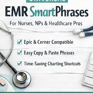 Op de afbeelding: Promotieafbeelding voor "EMR SmartPhrases" voor zorgprofessionals. De afbeelding toont een stethoscoop, een toetsenbord en tekst die belangrijke functies benadrukt: Epic & Cerner compatibel, eenvoudige kopieer- en plakzinnen en tijdbesparend.