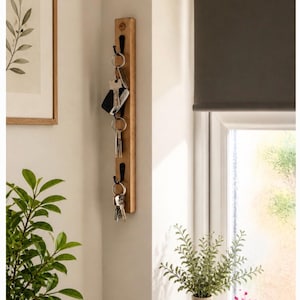 May include: A wooden key holder with three black hooks, mounted on a light-coloured wall. Several sets of keys hang from the hooks. The scene includes a framed botanical print, a window with a dark grey blind, and decorative plants in vases.