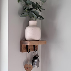 Handmade Oak Waxed small Key Shelf 12cm Wide / 10cm Deep / 6.5cm High with a choice of 3 Wax and 3 Hook Finishes / Hall / Kitchen