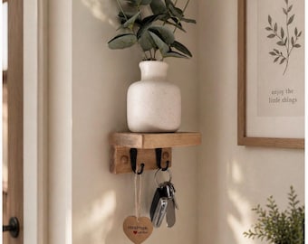 Handmade Oak Key Shelf with Hooks – Waxed Wood Hallway Organizer