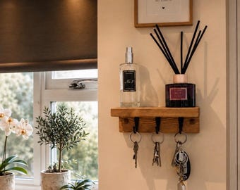 Handmade Oak Waxed Key Holder Shelf - Slimline Entryway Organiser