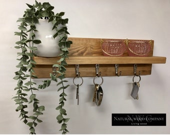 Lovely Oak Waxed Silver Hook Key holder with shelf that would brighten up any entrance hall way “Silver Hooks”