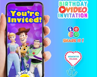 May include: A smartphone displays a birthday video invitation featuring Toy Story characters. The screen shows Woody, Buzz Lightyear, and Bo Peep with the text "You're Invited!" and "Birthday Video Invitation". Additional text includes "Share It!" and "Watch the full video".