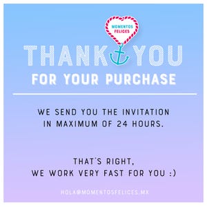Puede incluir: Gr&aacute;fico degradado azul y morado con el texto "THANK YOU FOR YOUR PURCHASE". Un coraz&oacute;n rojo con las palabras "MOMENTOS FELICES" y un ancla turquesa en la parte superior. Texto adicional promete una invitaci&oacute;n en 24 horas y una &eacute;tica de trabajo r&aacute;pida.