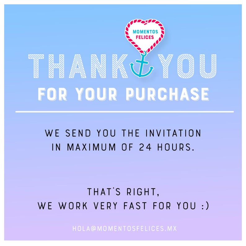 Puede incluir: Gr&aacute;fico degradado azul y morado con el texto "THANK YOU FOR YOUR PURCHASE". Un coraz&oacute;n rojo con las palabras "MOMENTOS FELICES" y un ancla turquesa en la parte superior. Texto adicional promete una invitaci&oacute;n en 24 horas y una &eacute;tica de trabajo r&aacute;pida.