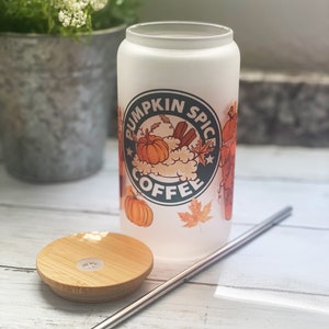 Pumpkin Spice Frosted Glass Can, Coffee, Bamboo Lid and Straw, Seasonal Coffee Cup, Fall Leaves, Libby Glass