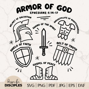 Pode incluir: Ilustração de linha preta e branca da armadura de Deus, um conceito cristão, com o texto "Armadura de Deus" e "Efésios 6:14-17". A ilustração representa um capacete, um escudo, uma couraça, um cinto, uma espada e sandálias.