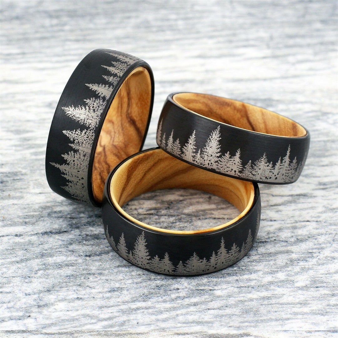 Stunning 8mm Tungsten Black Forest Tree Setting With Olive Wood Men ...