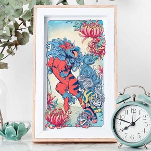 Arcanine & Growlithe - Kleindruck - Ukiyo-e inspiriertes Pokemon, 15 x 23, Ungerahmt ~ | Wohnkultur | Geschenk für Pokemon Fans | Wandkunst |