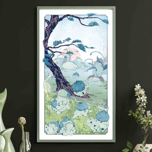 Puede incluir: Una ilustración digital de un grupo de criaturas azules y verdes parecidas a tortugas en un entorno de bosque. Las criaturas están rodeadas de árboles, flores y agua. La ilustración está hecha en estilo japonés.