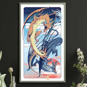 Könnte beinhalten: Eine farbenfrohe Illustration von zwei Drachen, die sich im Himmel bekämpfen. Ein Drache ist orange und gelb, der andere ist blau und schwarz. Die Drachen sind von Wolken und einer roten Sonne umgeben.