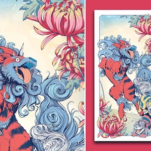 Arcanine e Growlithe - Impressão grande - Pokémon inspirado em Ukiyo-e, 10 x 18, sem moldura ~ | Decoração para casa | Presente para fãs de Pokémon | Arte de parede |