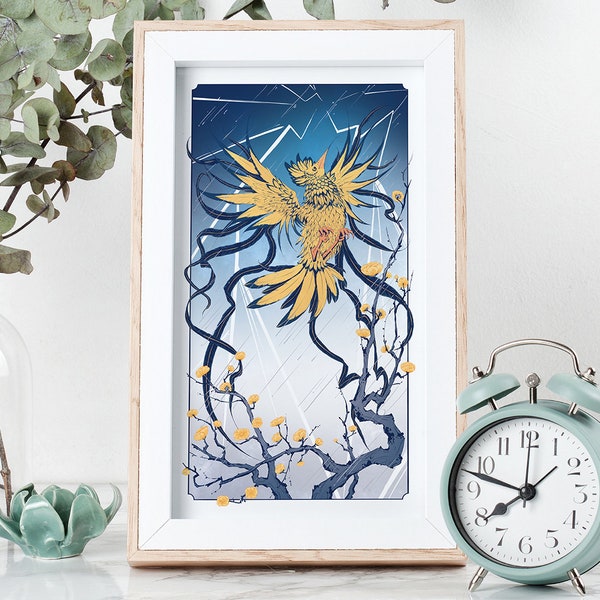 Zapdos - Small Print - Ukiyo-e Inspired Pokemon, 5 x 9, Pearl Linen, Unframed ~ | Home Decor | Gift for Pokemon Fans | Wall Art |