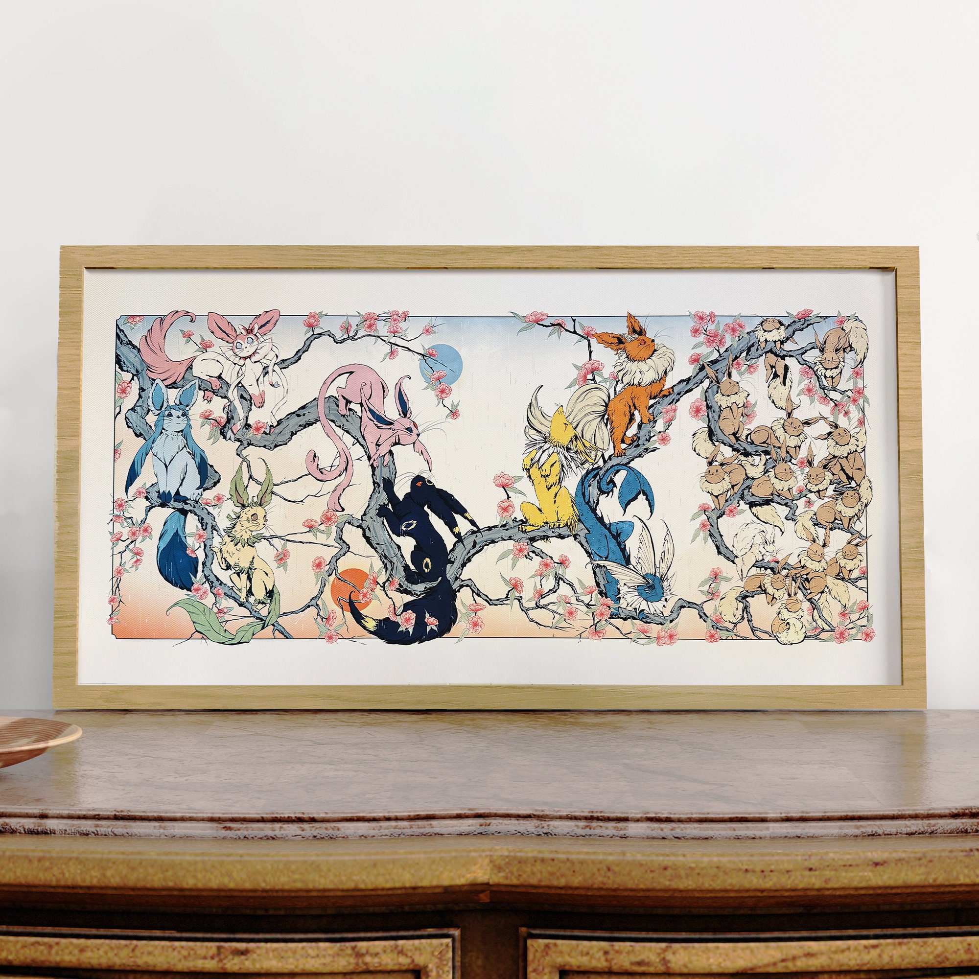 Sylveon, Glaceon, Leafeon, Espeon, Umbreon, Flareon, Vaporeon, Jolteon, Eevee - gros caractères - Ukiyoe Pokemon, 20 x 10 sans cadre, cadeau Pokemon