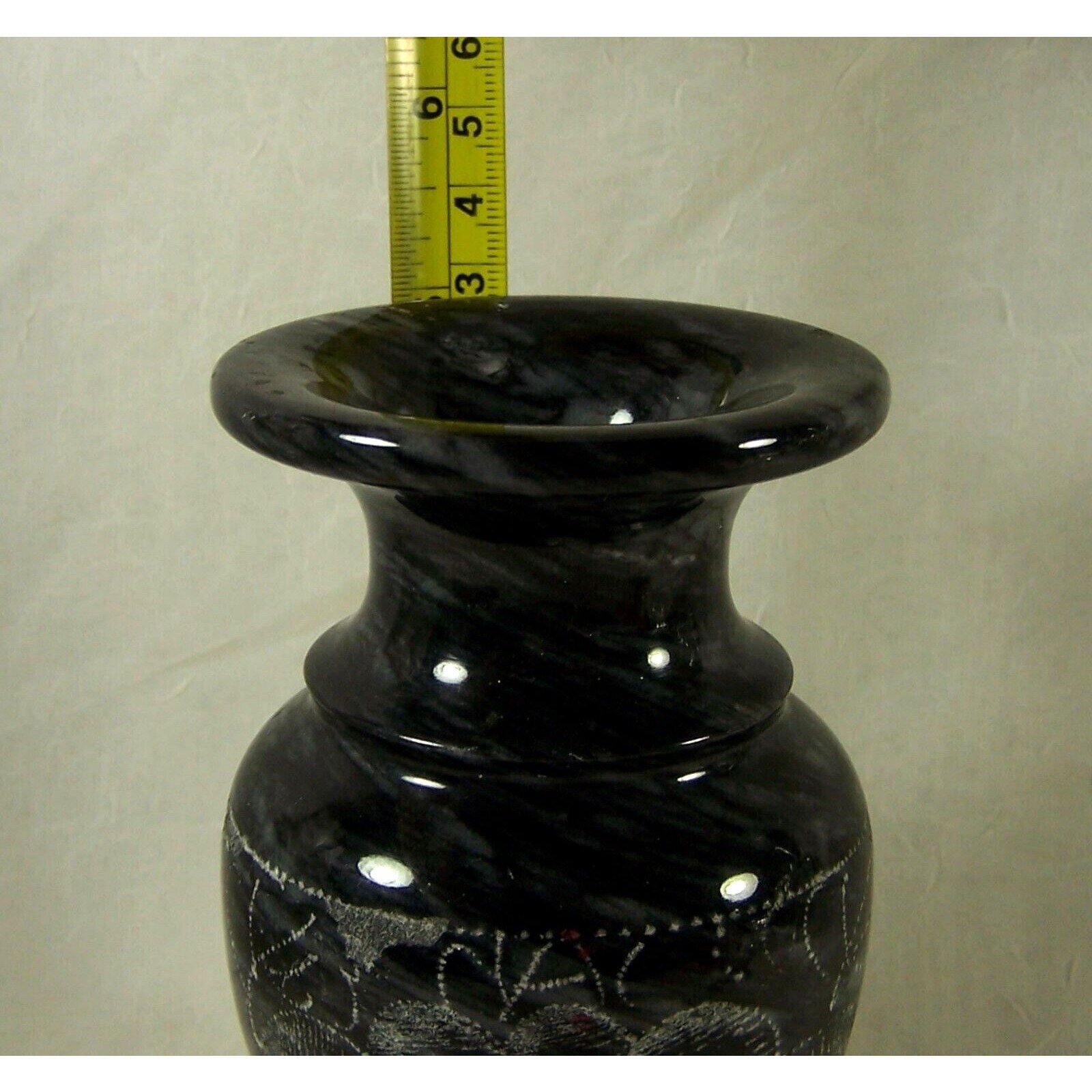 Etched Black Marble Footed Vase Floral Design Lotus Flower Vintage 5 Etsy
