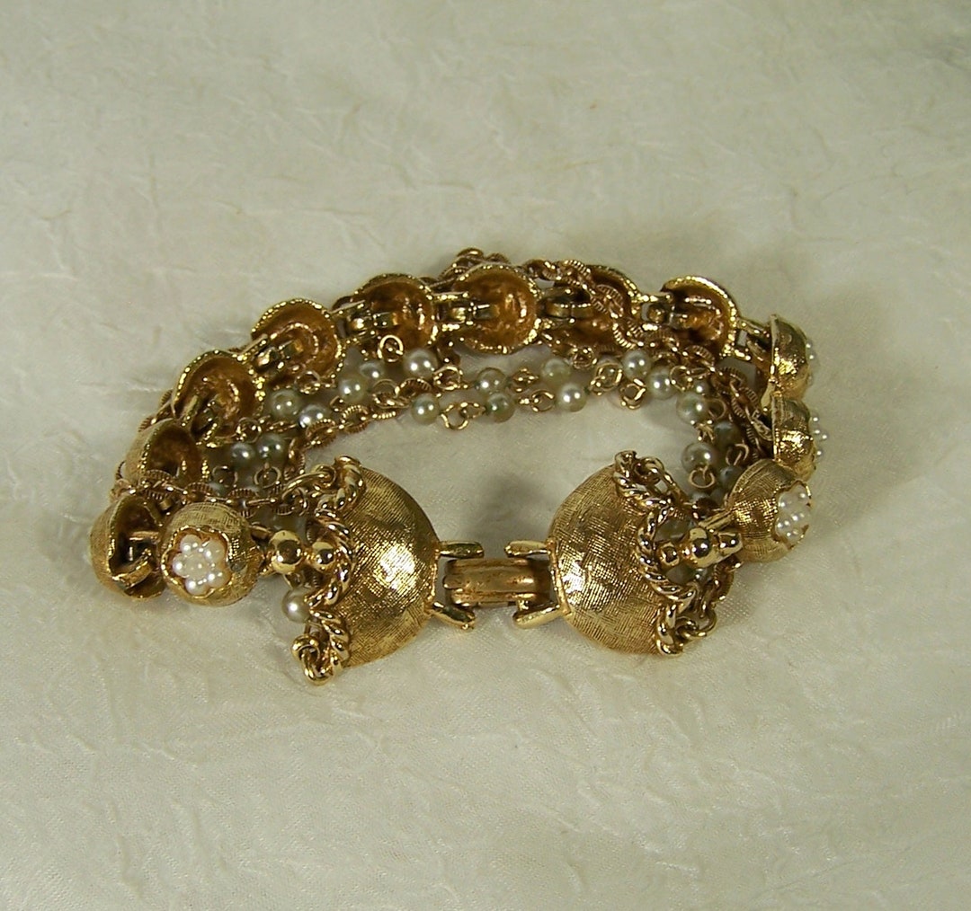 Signed ART Faux Pearls Gold Tone Chains Bracelet Etsy