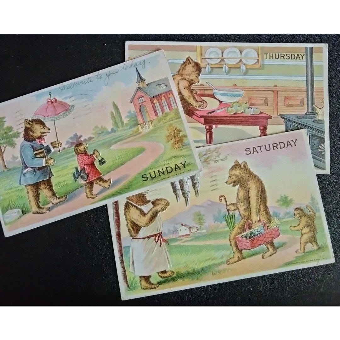 Antique Anthropomorphic 3 Postcards Bear Day of the Week Sunday Tuesday ...