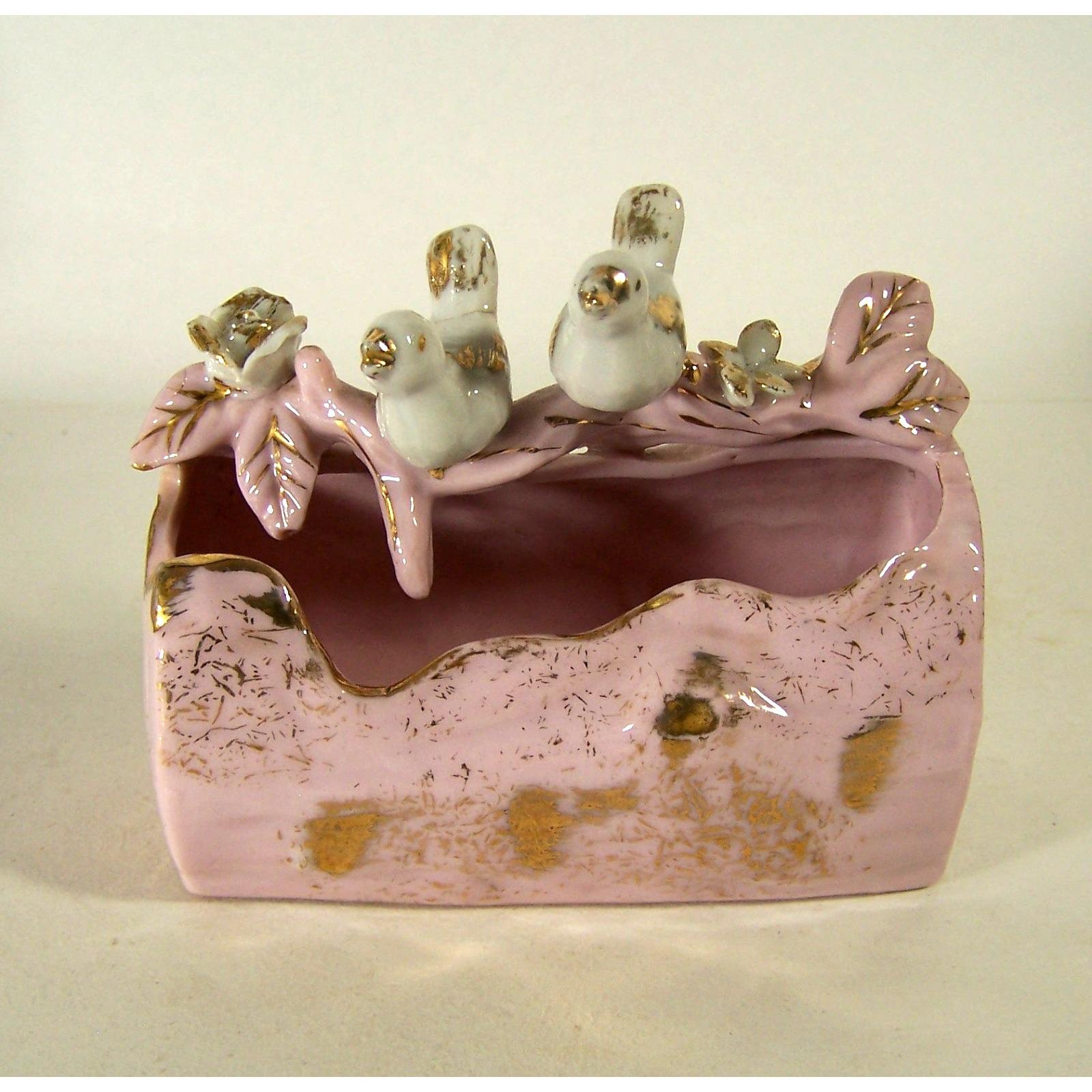 Vintage Enesco Japan Planter Pink Ceramic White Birds on Log - Etsy