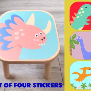 IKEA FLISAT DINOSAURS Set of Four Stool Stickers, decal children&#39;s chair wooden stool (furniture not included) Ikea Hack