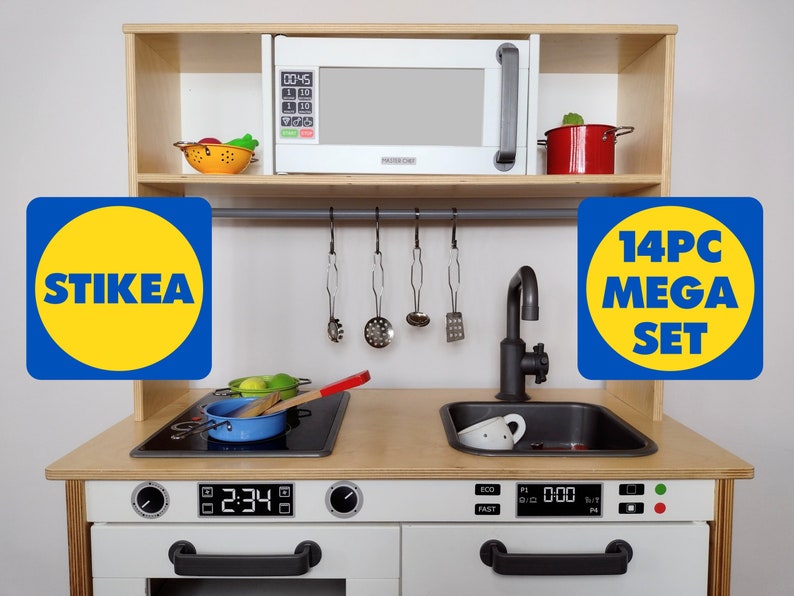 MEGA DUKTIG Sticker Pack 14PC IKEA Play Mud Cuisine Décalcomanie Set Bundle Micro-ondes Clavier Cuisinière Four Cadrans Lave-vaisselle Vinyle image 1