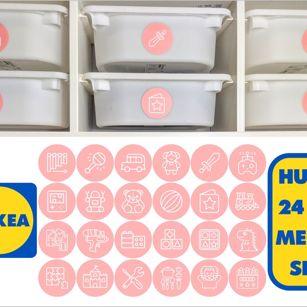 24PC PINK TROFAST MEGA Sticker Set Ikea Etiquetas Organización de juguete Paquete de almacenamiento Cajas de juguete Calcomanías Variera Kuggis