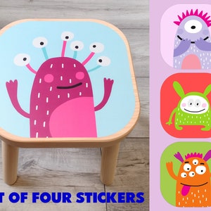 IKEA FLISAT MONSTERS Set of Four Stool Stickers, decal children&#39;s chair wooden stool (furniture not included) Ikea Hack