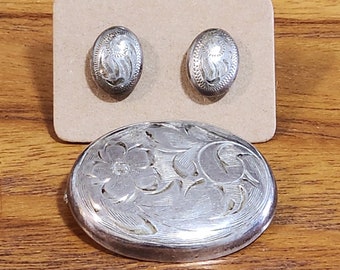 Burkhardt - BIRKS Vintage Sterling Silver Engraved Oval 3 pc Set Mini Brooch & Earrings Peirced Ears Art Deco Stamped 'B' Hexagon 1950s 60s