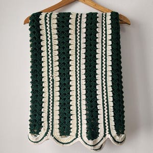 Handmade Forest Green & White Crochet Knit Afghan Throw Blanket Scalloped Edge 70&quot; X 45&quot; Boho Chic Modern Farmhouse Home Decor Vintage 1990s