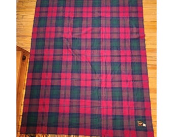 Manta de lana vintage con estampado escocés de tartán: rojo, azul marino y verde (años 60).
