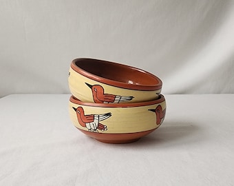 Folk Art Serving Dishes Salsa Guacamole Bowls Hand Painted Bird Motif Redware Pottery Rustic Primitive Unique Kitchenware Home Decor Vintage