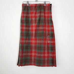 Jedburgh Kiltmakers Traditional Scottish Red & Green Wool Blend Tartan Plaid Midi Skirt Leather Side Buckles Kilt Safety Pin Vintage 1980s
