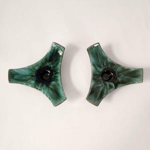 Blue Mountain Pottery Canada MCM Ceramic Candlestick Holders VTG 60s Retro Drip Glaze Atomic Shape