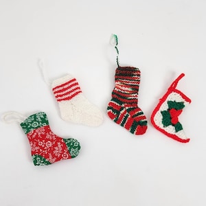 Handcrafted Mini Stocking Christmas Tree Ornaments Set of 4 Vtg 90s Earth Friendly Holiday Home Decor Handmade Knitting Granny Square